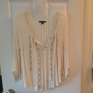 American Eagle Outfitters Cream Blouse with Patterned Trim